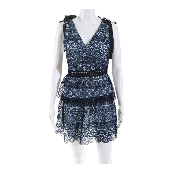 NWT SELF-PORTRAIT Blue Guipure Lace Tie Shoulder Tiered Mini Dress Size 00 - Picture 10 of 13